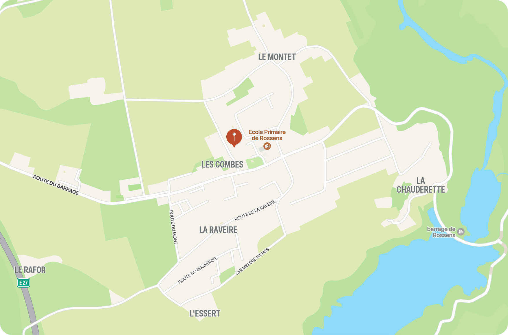 Plan de situation du local de répétition On voit un plan de Rossens avec un marquage indiquant le lieu de répétition.